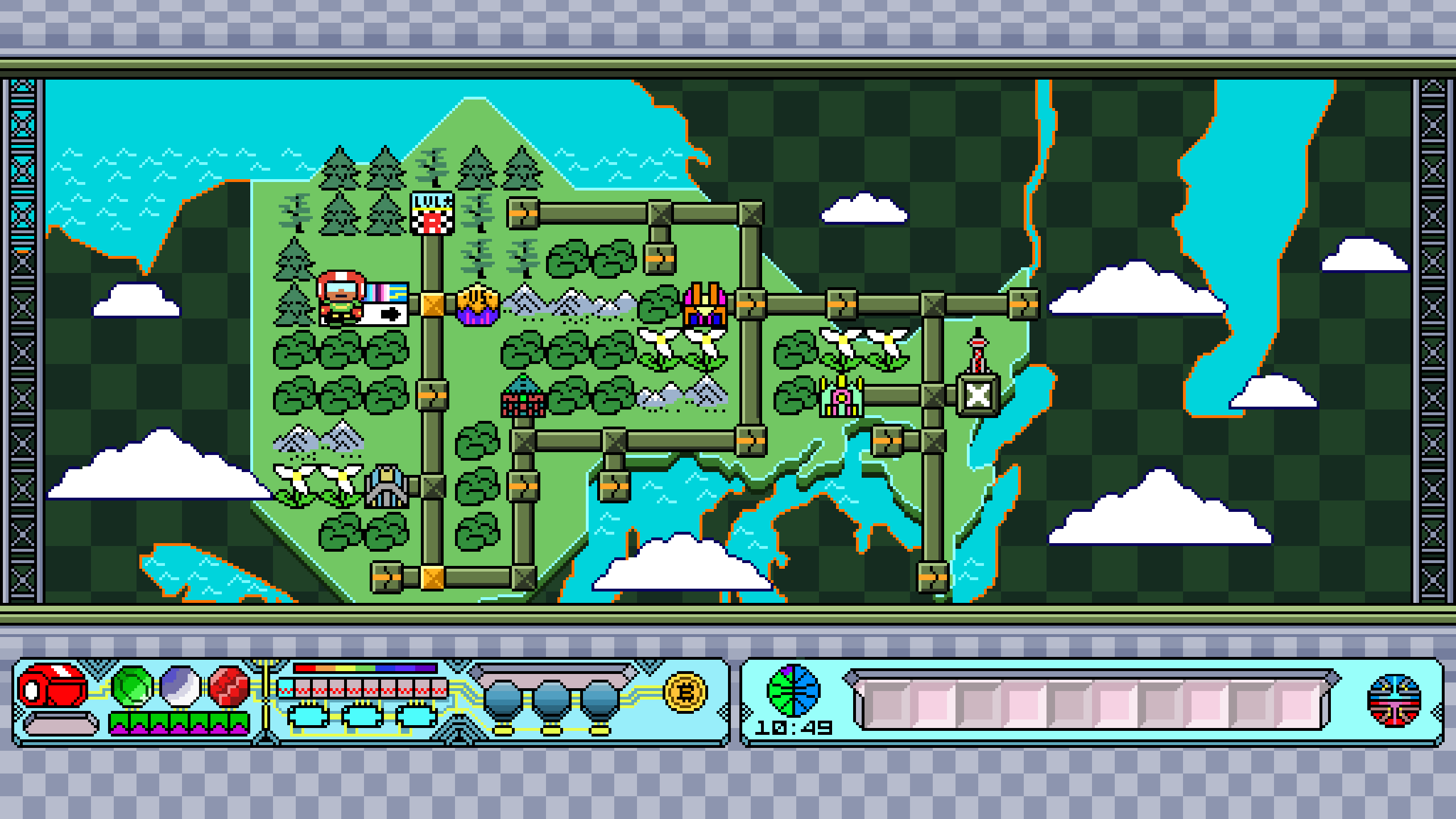 REEF 2 overworld map and dashboard HUD, straight from actual gameplay: waypoint nodes, Jay standing near the start point, and the full health/resource/inventory dashboard below the map