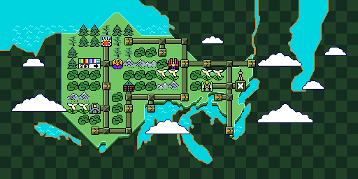 REEF 2 overworld map showing connected waypoint nodes, a start marker, road and rail links, and forest and mountain biomes